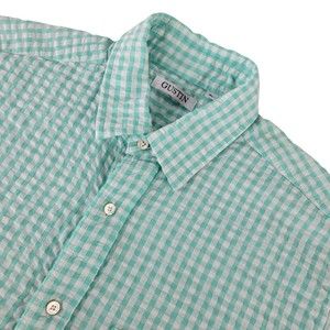 Gustin Seersucker Shirt Mens Large Slim Fit Mint Gingham Button Up Short Sleeve